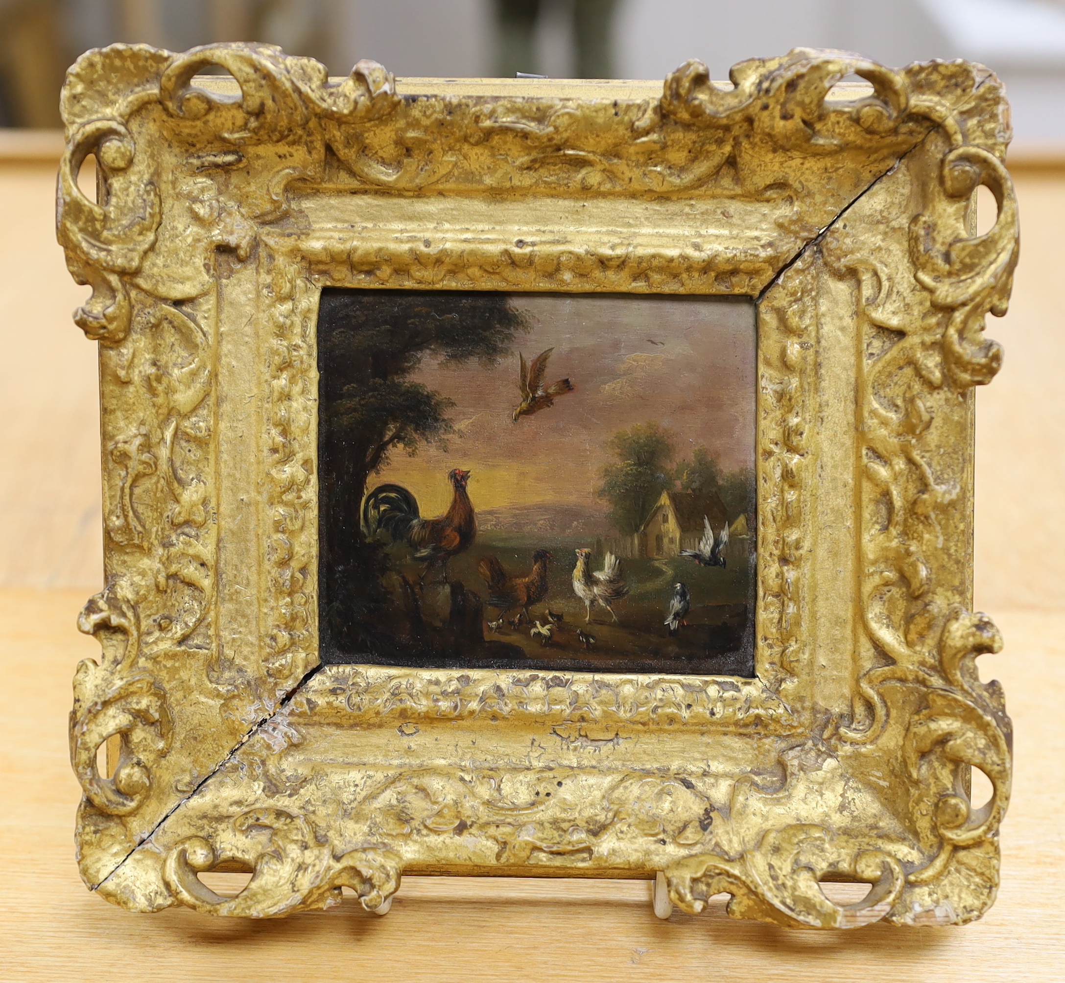 18th / 19th century Flemish School, oil on copper panel, Chicken and birds in a landscape, inscribed Cider House Galleries label verso, 7.5 x 9cm, ornate gilt frame